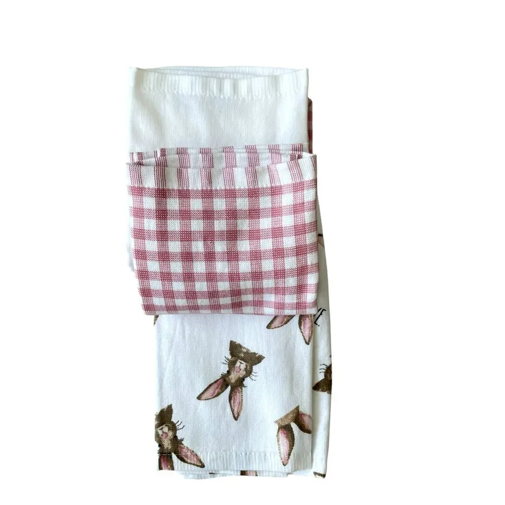 Rae Dunn Cotton Kitchen Towels BUNNY LOVE Easter Rabbit Spring Set of 3 NEW